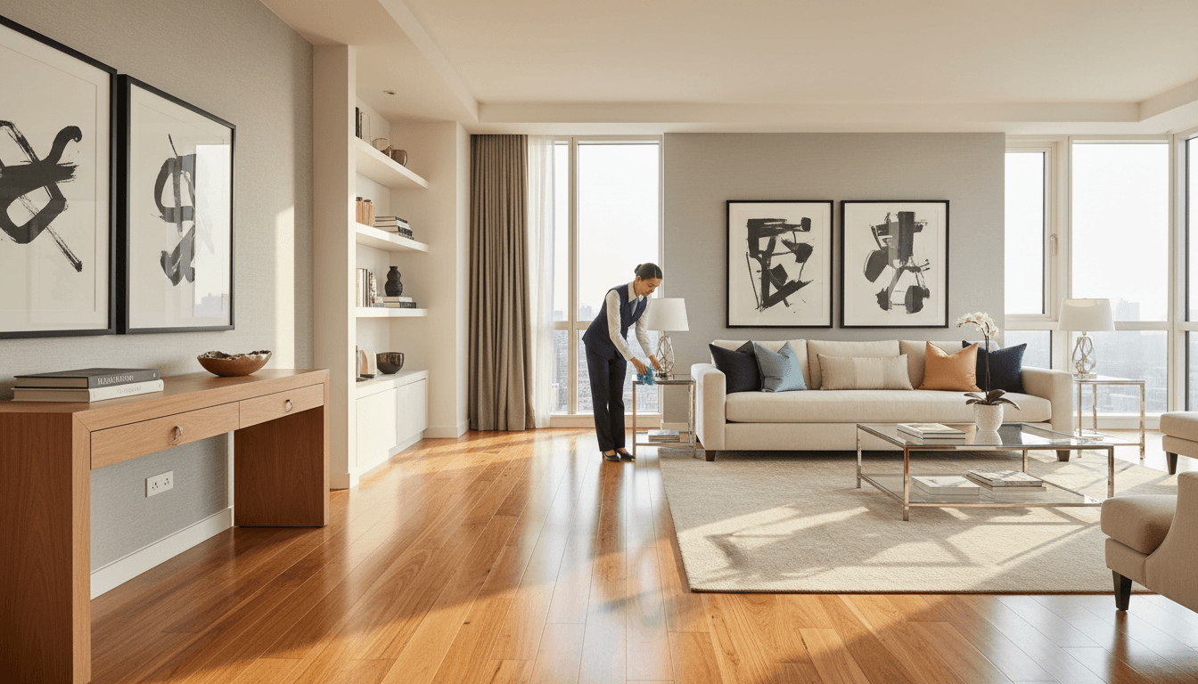 Bright modern home with pristine living room and professional cleaning in progress
