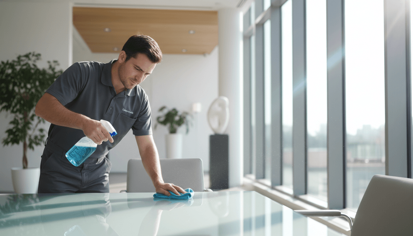 Professional cleaner polishing modern office workspace with attention to detail